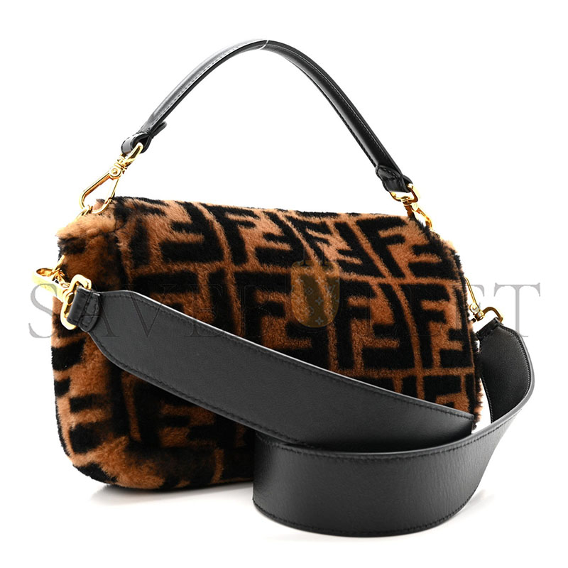 FENDI SHEARLING VITELLO DOLCE MACRO FF 1974 BAGUETTE TOBACCO BLACK (27*15*6cm)